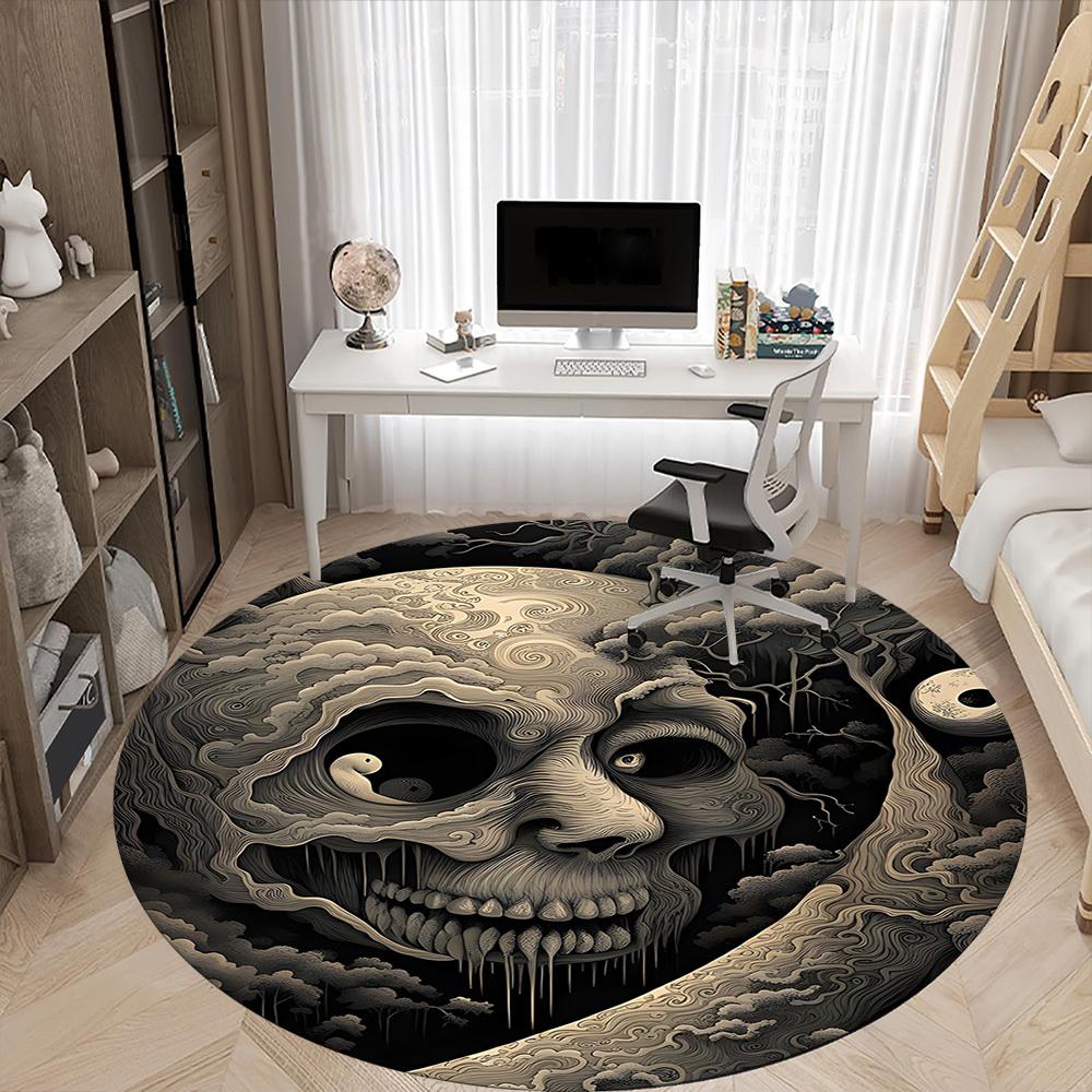 1PC Moon Skull Office Round Area Rug, Mat Suitable For Office, Under Office Chairs Bedroom Living Room Home Decor, Room Deco