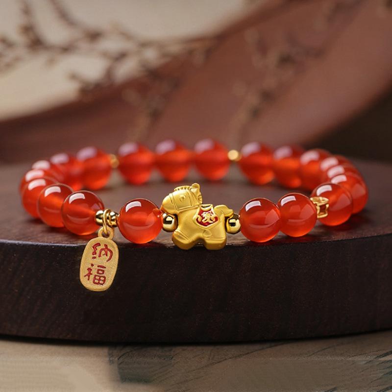 Natural Red Agate Horse Zodiac Bracelet for Women - 2026 New Style with Sand Gold Accents