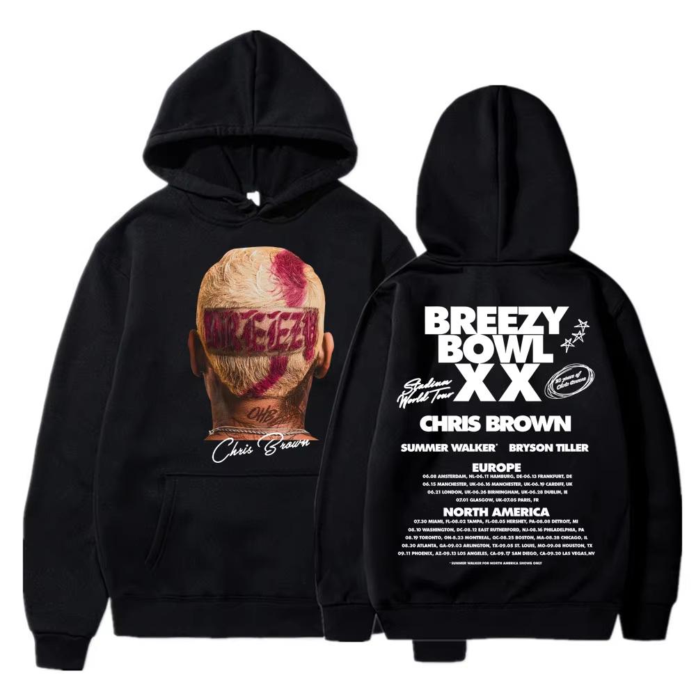 Rapper Chris Brown Breezy Bowl XX Concert Hoodies Hip Hop Fashion Unisex Women Sweatshirt Oversized Casual Long Sleeve Streetwear