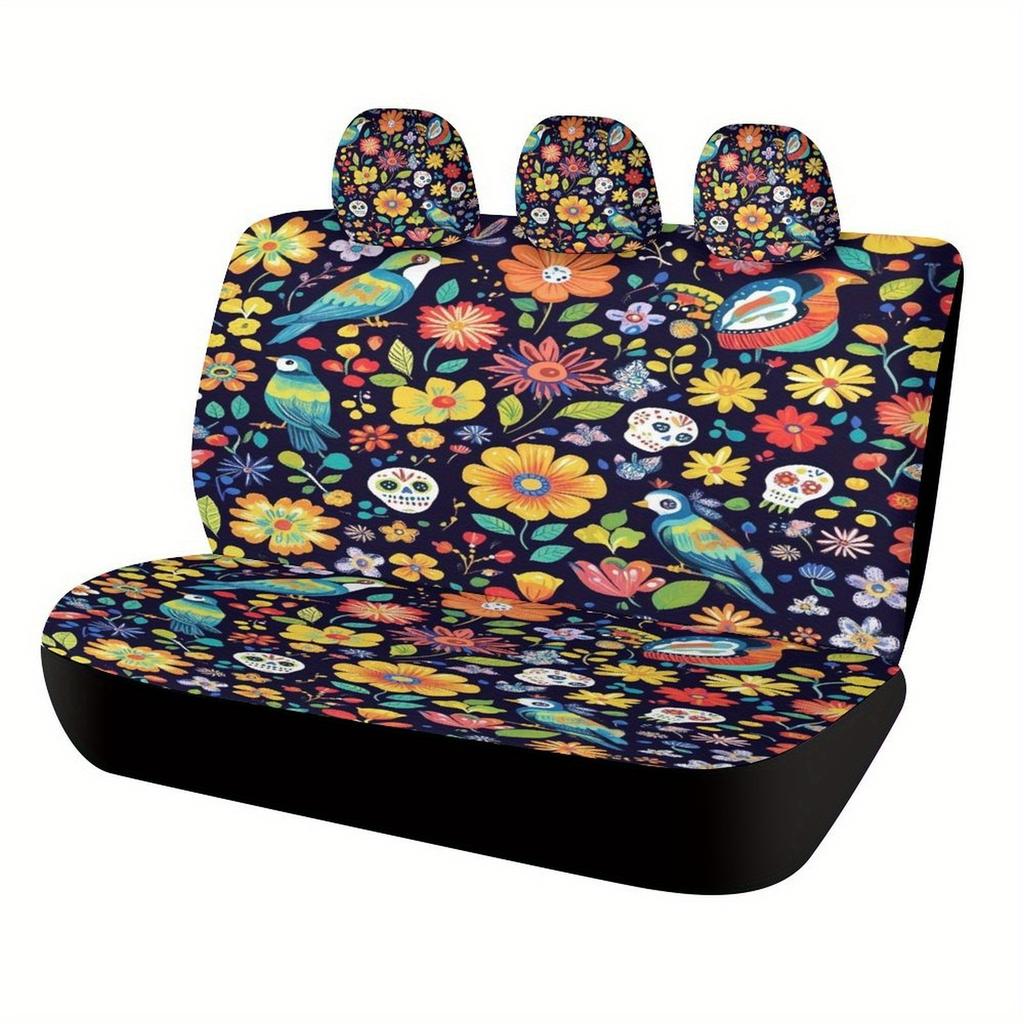 Mexican Ethnic Floral Patterns Themed Car Seat Cover Set For Most Cars, Fashion Novelty Car Seat Protector Covers Full Set, Ca