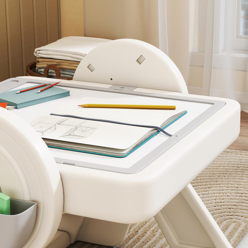 Multipurpose Children's Table with Storage Shelf and Drawers, In HDPE and PP, Grey and White
