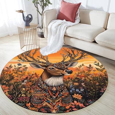 Vintage Sunset Deer Head,Round Area Rug,Carpet Rug for Living Room Bedroom Sofa Playroom Decor,Non-slip Floor Mat