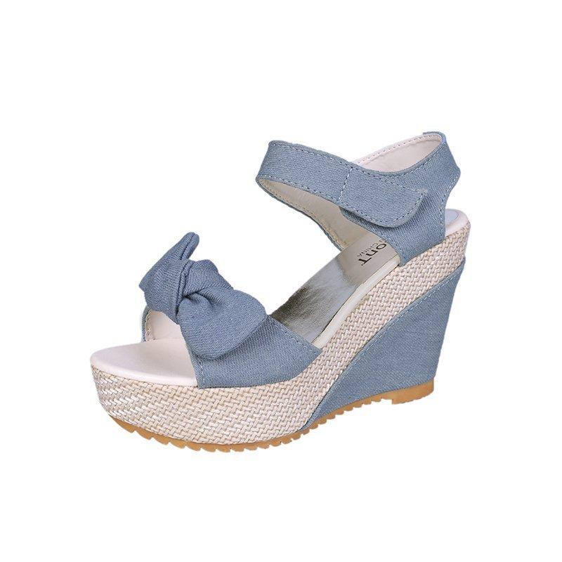 Ladies Platform Denim Sandals Fashion Bow Mixed Colors Wedges High Heels Women's Sandals Casual Party Woman Shoes