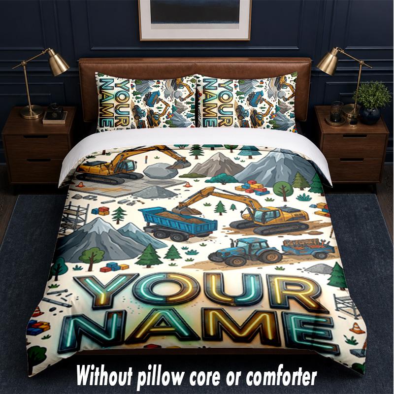 Construction Vehicles Theme Custom Text Or Name 3Pcs Bedding Set,1 Flat Sheet & 2 Pillowcases Personalized Home Bedding