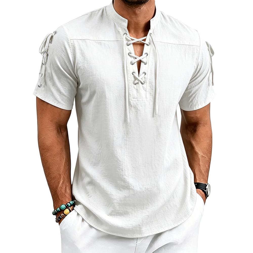 Herren Mandarinkragen Schnürung Henley-Shirt Kurzarm Vorder- und Schulter-Spitzenverzierungen Lässiges Sommer-Strand-Tunika-Oberteil XXL weiß