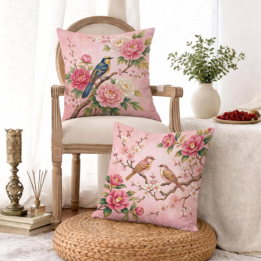 1/4pcs 2D Flat- Chinoiserie Pink Floral & Songbird Throw Pillow Covers Home farmhouse outdoor decoration cushion cover