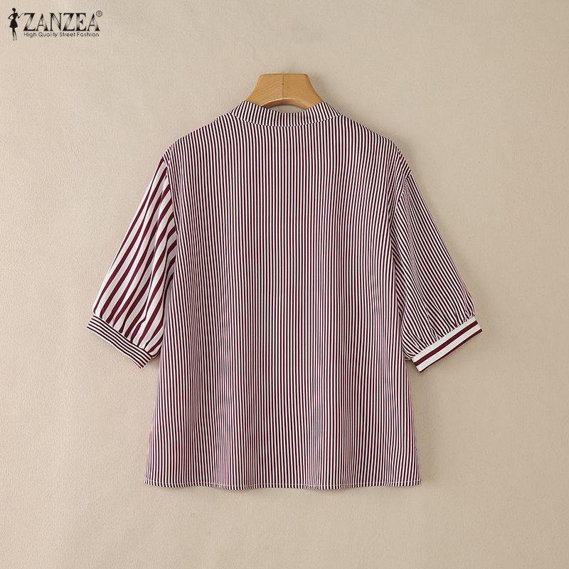 ZANZEA Women Casual V-Neck Half Sleeve Loose Stripe Blouse