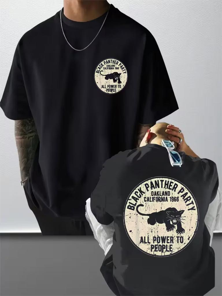 Camiseta para Hombre 180g 100% Algodón - Manga Corta Estampada Negra Pantera Negra Partido O