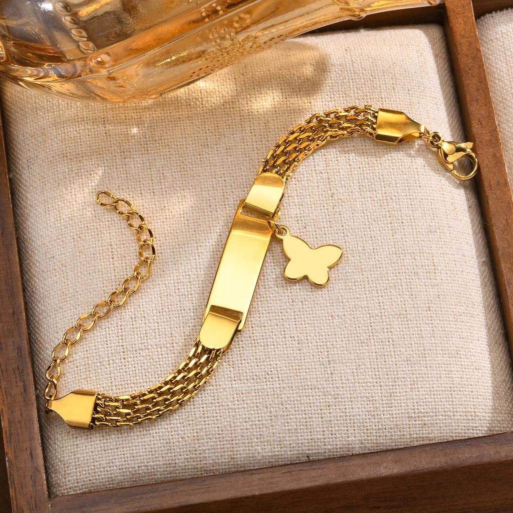 Free Engraving Stainless Steel Custom Bracelets Name Date Gold Color Heart Butterfly Shape For Baby Child's Birthday Gift