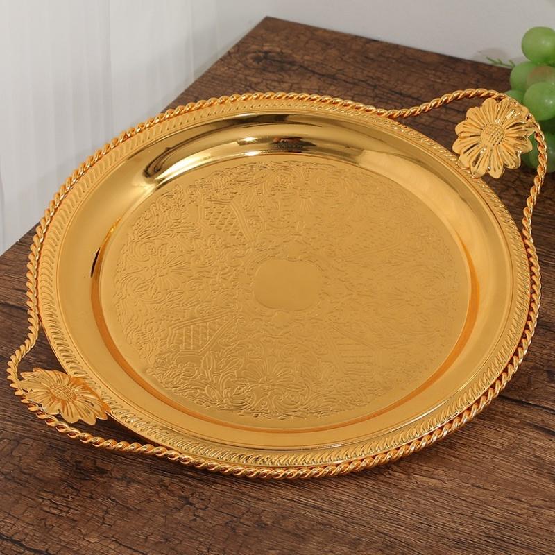 European Fruit Plate,Alloy Pearl Point Circle Shape Plate,Portable Golden Snack Disc,Candy Plate Home Wedding Decoration,26 cm