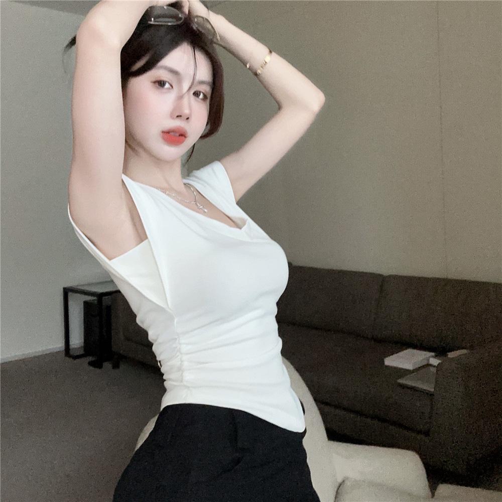 French Slim Fit and Thin Shoulder V-neck T-shirt Pure Desire Sexy Babes Versatile Fashion Chic Small Fly Sleeve Top Ins