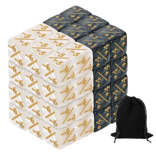 Uxcell 48-Piece Magic Dice Counter Acrylic D6 Life Token Dice Set with Standard Card Game Accessory Pouch, White Marble and Black Marble