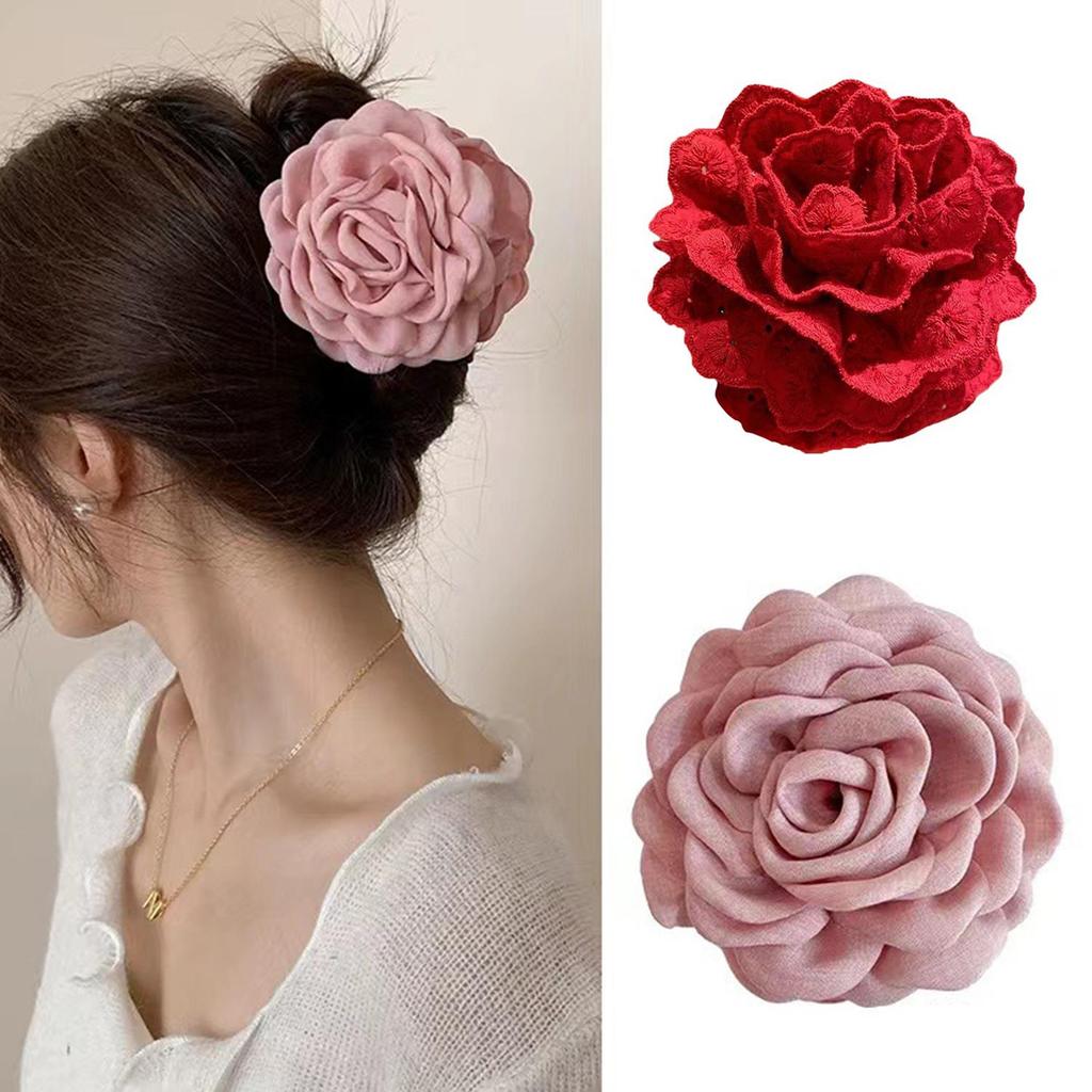 Large Size Fabric Rose Hair Clamp Solid Color Hair Claw Clip For Women Flower Hair Clips Shark Clips Headdress Hair Accessories