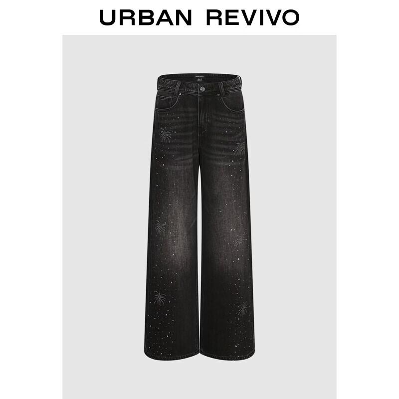 UR2026 Women's Washed Embellished Wide-Leg Denim Jeans