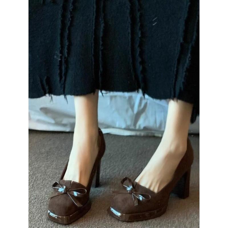 Summer spring and autumn retro square head bow high heels women's waterproof table thick heel single shoes