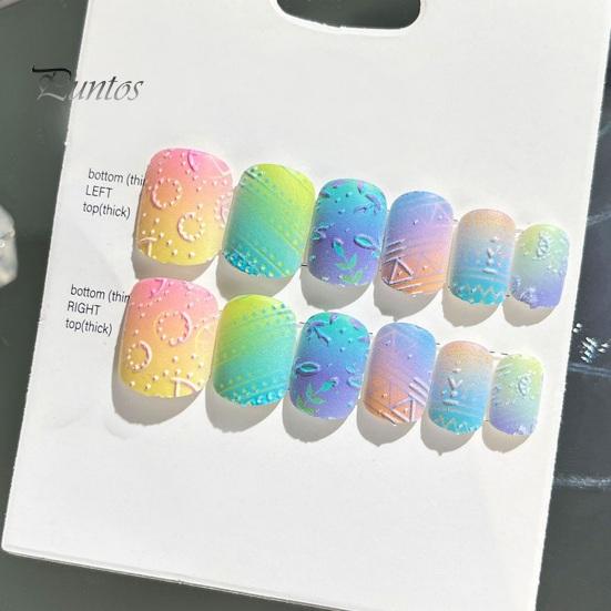 

24 шт., пресс для ногтей с клеем, красочное 3D тиснение, квадратное короткое наращивание ногтей, полное покрытие, салон для дома, для женщин и девочек, набор накладных ногтей D