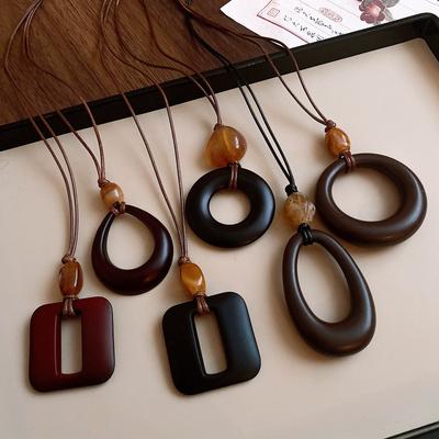 Café Negro Redondo Forma de Gota de Agua Colgantes de Resina Collares Círculo Hueco Cuadrado Geométrico Estilo Étnico Cadena de Suéter Joyería Retro F