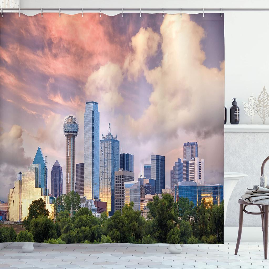 Cityscape Shower Curtain, Modern Skyscraper Skyline Famous Building Bathroom Curtain Waterproof Fabric Shower Curtain With Hooks