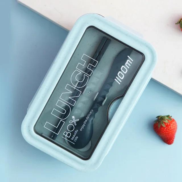 

1100ML Portable Plastic Lunch Box Bento Case Chopsticks Spoons Microwae Heating Leak-Proof Food Storage Container Tableware 1100ml синій