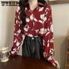 Vintage Tištěná Dámská Červená Košile s Dlouhým Rukávem Raně Jarní Volná Košile s Ochranným Faktorem Top s Květinou Kikyo
