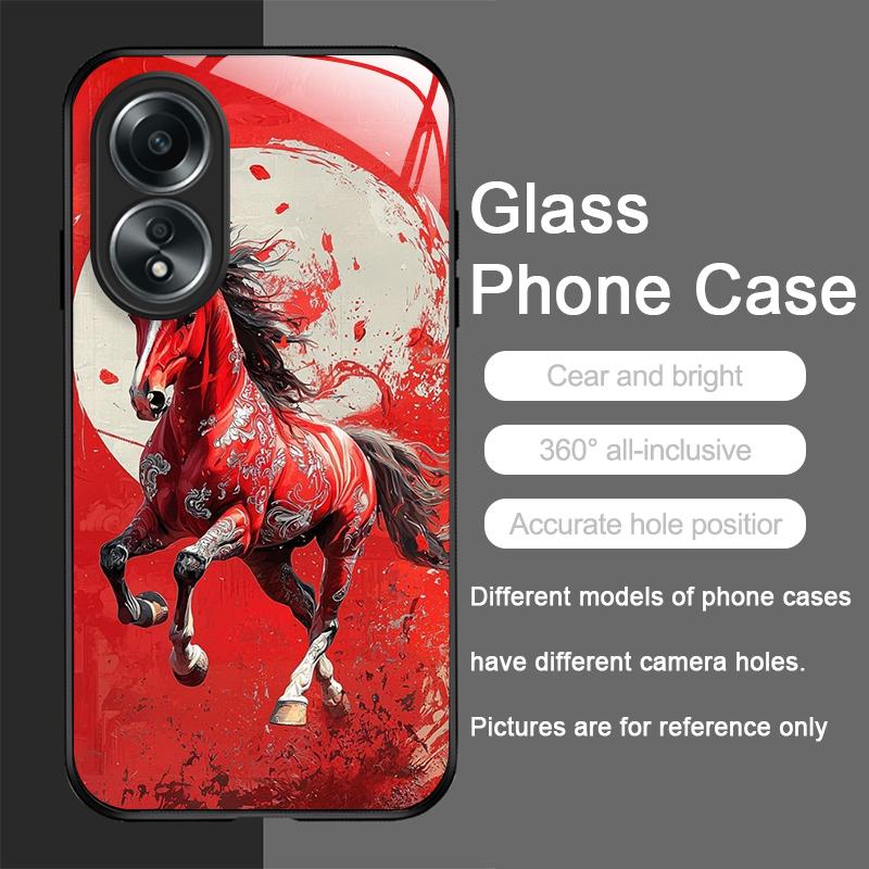 Stylish Chinese-Style Red Horse Print Tempered Glass Phone Case for OPPO Realme 14 13 12 11 10 Pro Plus GT Neo 3 2 X7 Pro Cover