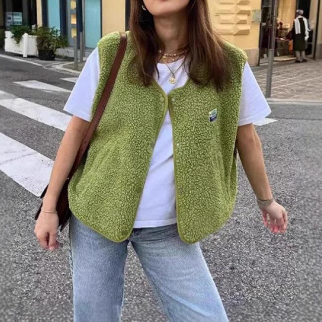 Ärmellose Wollweste für Damen - Europäischer & Amerikanischer Stil, Frühling/Herbst, Lockerer Schnitt, Einreihig. Small grün