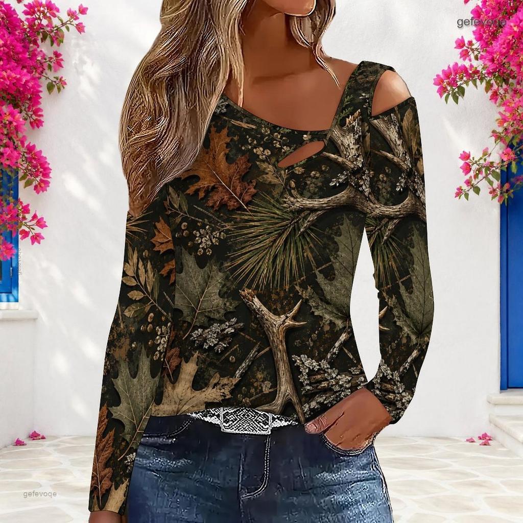 Women Plus Size Asymmetric Cutout Neck Cold Shoulder Long Sleeve Green Black White Printed Top