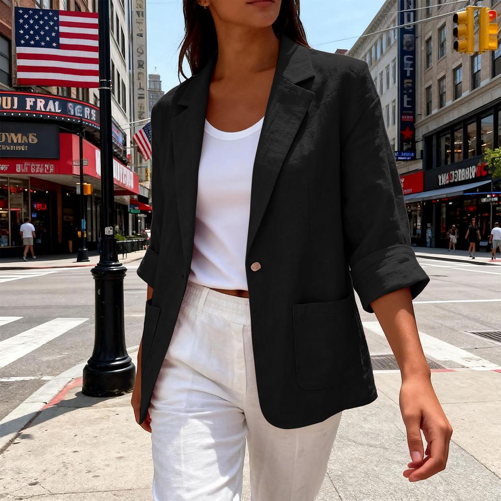 Women's Casual Linen-Cotton Cardigan with Pockets and Seven-Eighths Sleeve