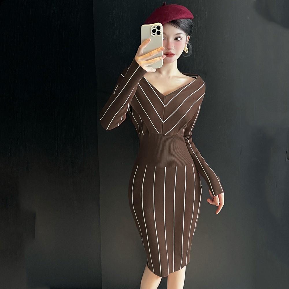 

Long sleeve Knitted sexy Tight-fitting new in dresses for women casual midi spring autumn winter sweater dress кофейный