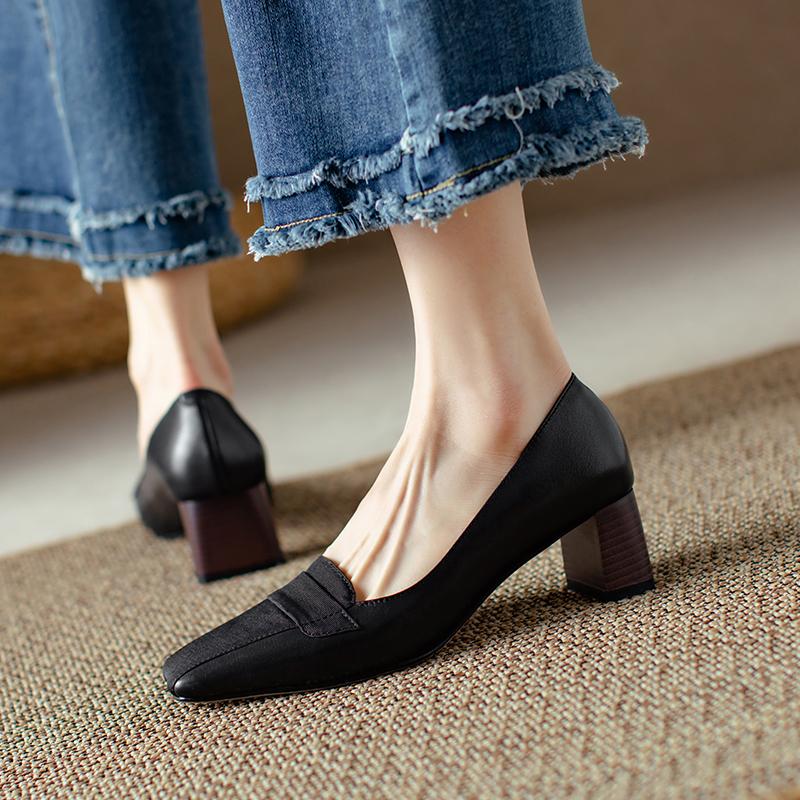 2024 Spring Summer Basic Women Pumps Office Ladies Party High Quality Genuine Leather Thick Heels Shoes Woman Fashion Concise