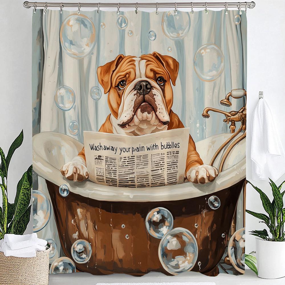 Lustiger Hund Süßer Duschvorhang,Badehund Bulldogge Haustier Urkomisch Bauernhaus Rustikal Badezimmervorhang Dekoration Mit 12 Haken
