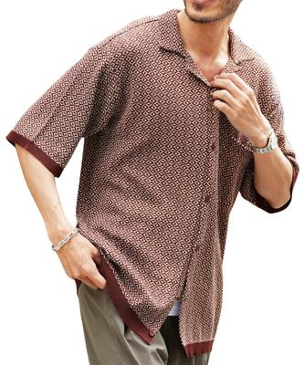 Jacquard Knit Open Collar Short Sleeve Shirt Size Open Loose Perfect for Casual [JIGGYS SHOP] M, Brown, Collar, 5/8 Sleeves, All-Over Print,