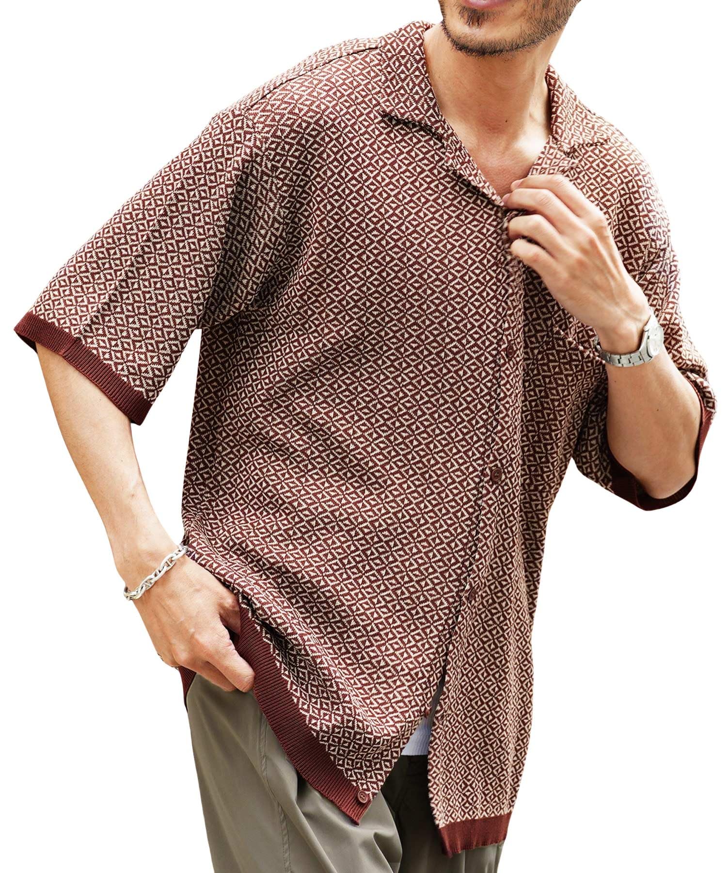 

Jacquard Knit Open Collar Short Sleeve Shirt Size Open Loose Perfect for Casual [JIGGYS SHOP] M, Brown, Collar, 5/8 Sleeves, All-Over Print,