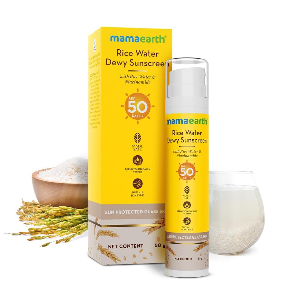 Mamaearth Rice Water Dewy Sunscreen SPF 50 PA++++ For Glass Skin Glow & Tan Protection | No White Cast | 50g | For All Skin Types