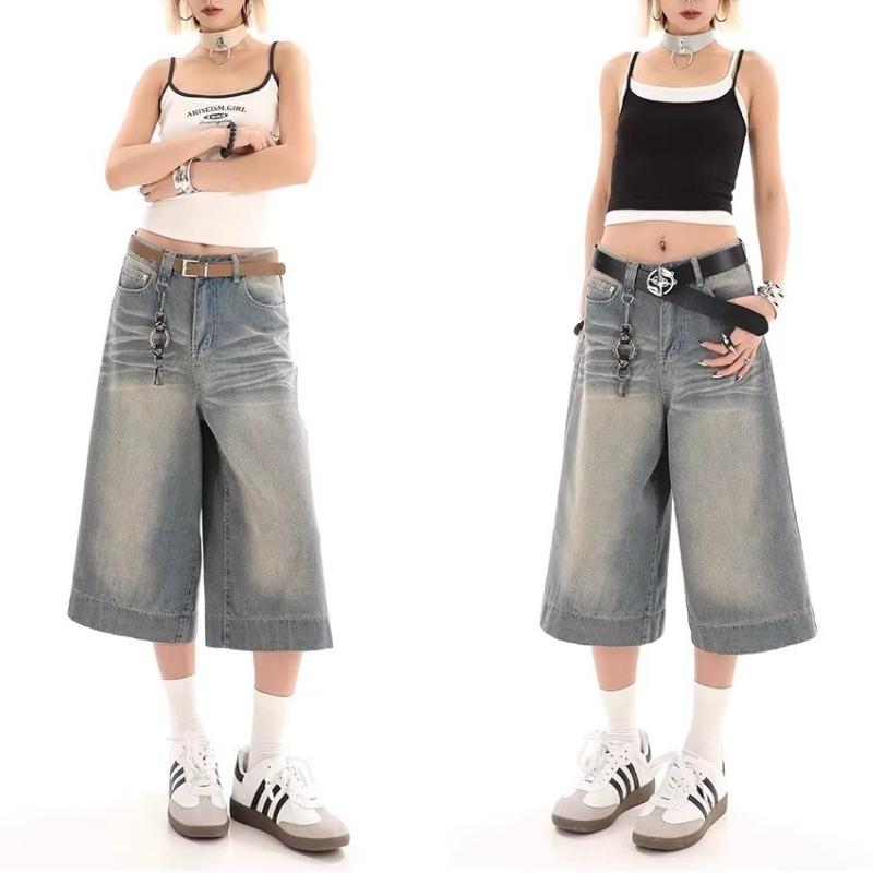 Cat Whisker textura Retro džínové šortky Ženy Americký styl Vintage Široké nohavice Street Summer Dámské Retro Volné krátké džíny s vysokým pasem Y2k