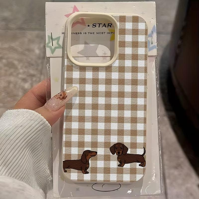 Plaid Sausage Dog Lychee Texture Phone Case For iPhone 17 Air 16 E 15 14 13 12 11 Pro Max Plus SE Soft Cover