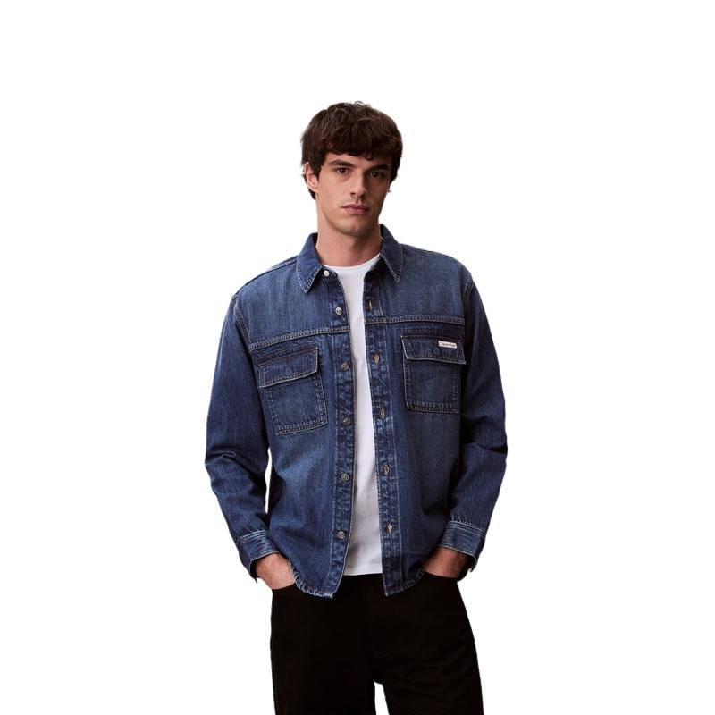 Calvin Klein American Vintage Minimalist Label Patch Pocket Cotton Linen Blend Denim Shirt Men shirts 4RF904G M