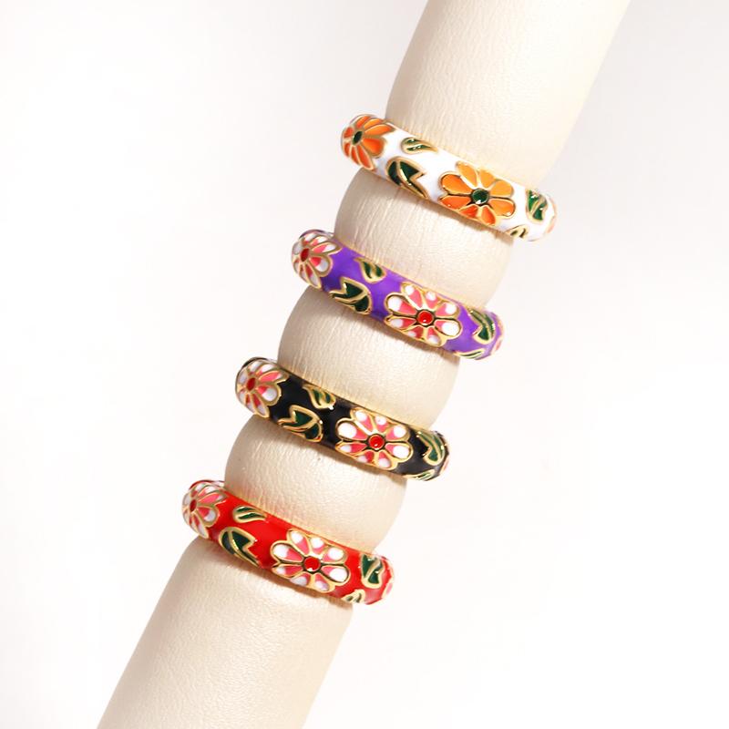 Vintage Colorful Enamel Flower Rings Trendy Geometric Female Minimalist Flower For Ladies Wedding Party Engagement Jewelry Gift