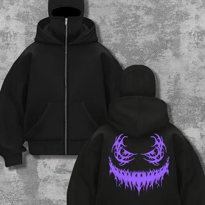 Herren Halloween Lila Lächelndes Gesicht Personalisiertes Muster Hoodie Streetwear Trendy Feiertag Outdoor Sportshirt Reißverschluss-Oberteil