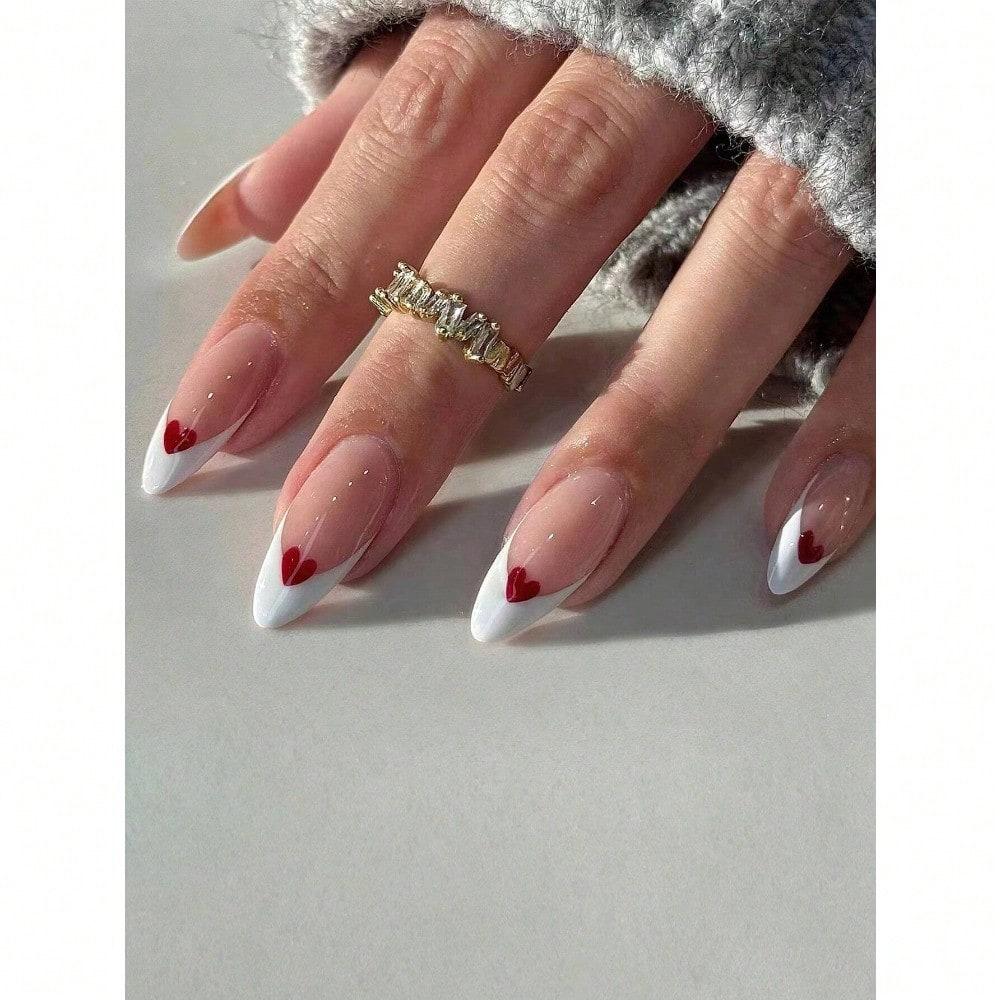24 Almond-shaped Red French Manicure Nail Stickers, a Set of Almond-shaped Acrylic Nail Stickers for Perfect Fit.