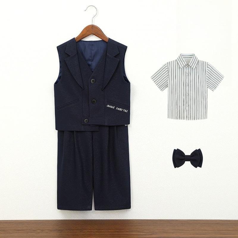 

School Boys Formal Suit Set Striped Shirt Vest Pants Kids Gentleman Outfit Wedding Birthday Party Pageant Graduation Dress Suit 80cm
