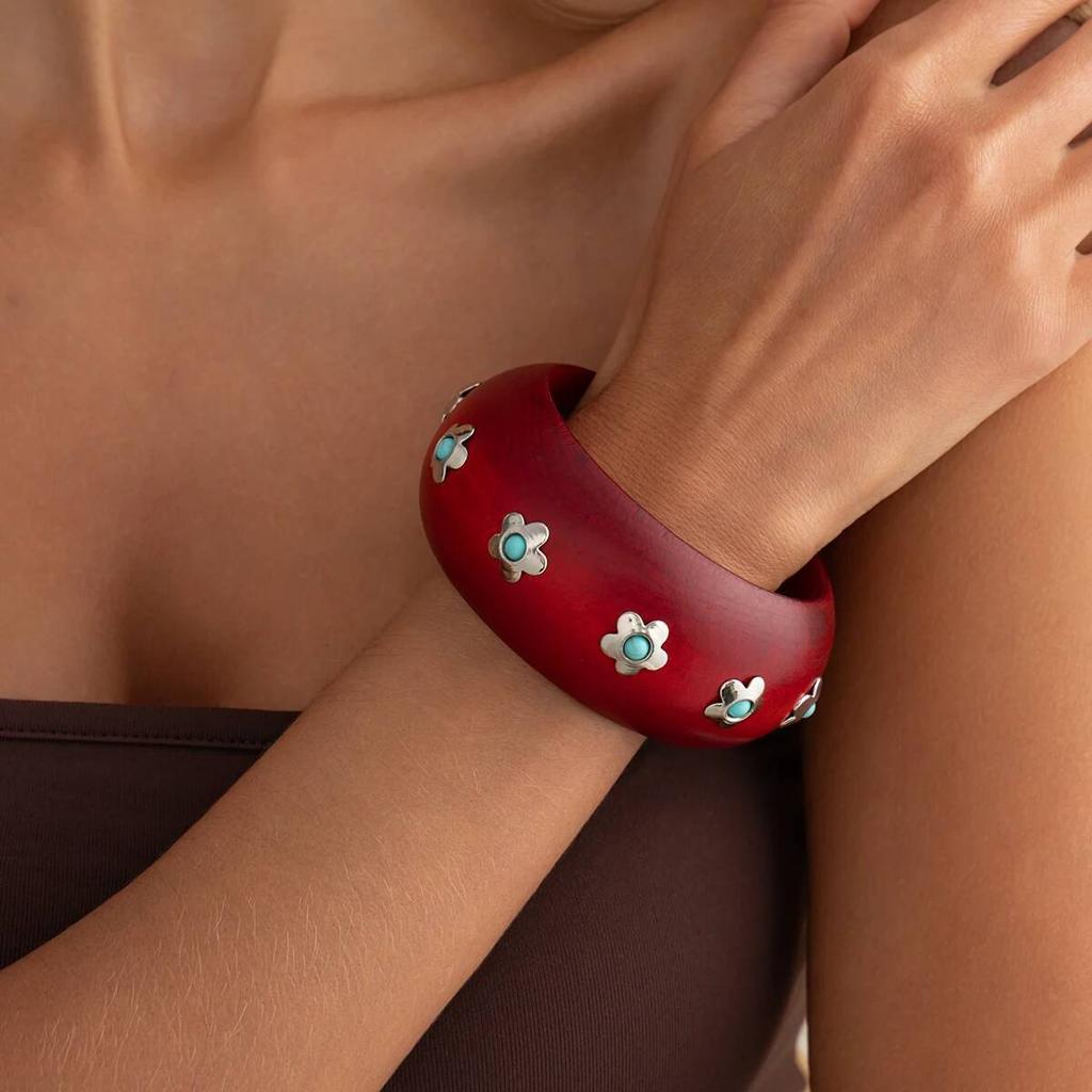 SHIXIN Vintage Inlaid Turquoise Stone Geometric Chunky Bangle Women Bohemian Wood Stackable Wide Bracelets Jewelry Accessories