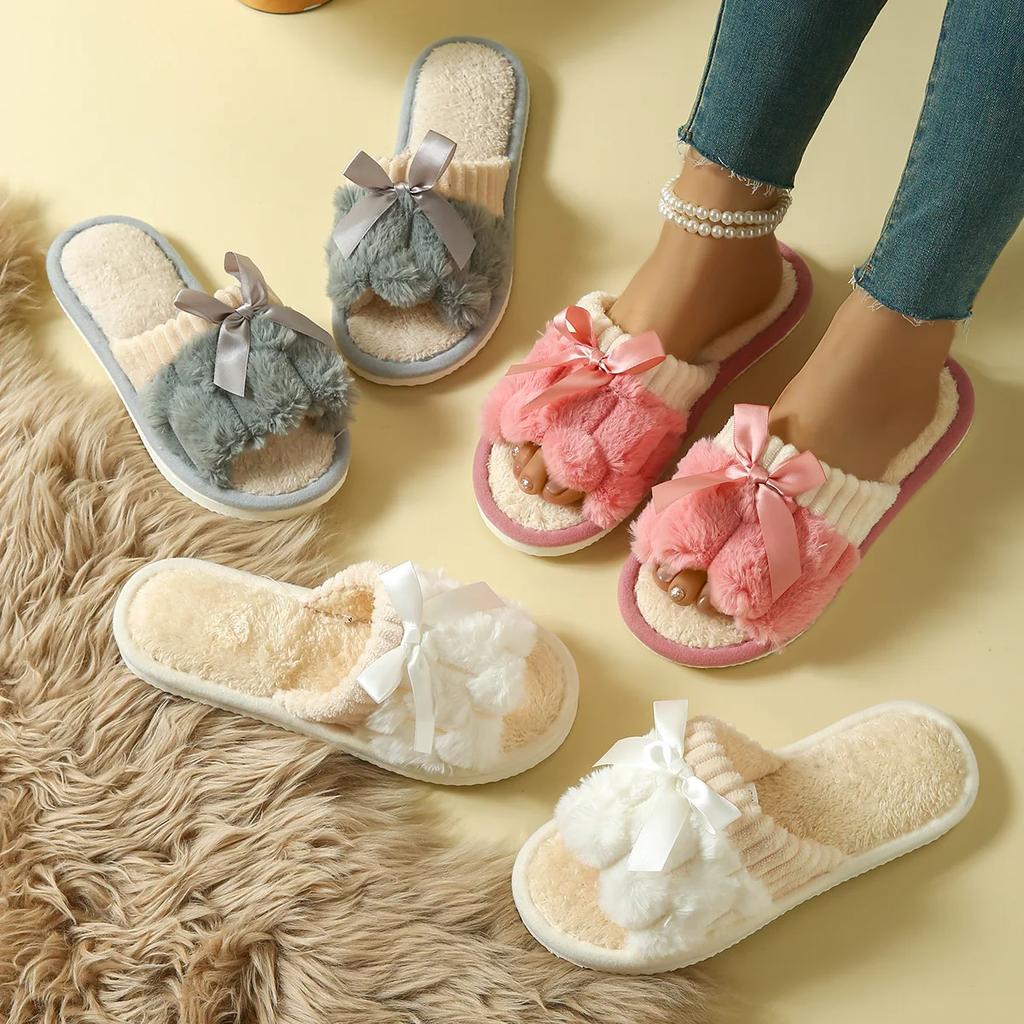 2025Bow Decorative Plush Slippers For Women Autumn Winter Warm Indoor Home Soft Sole Lightweight Slides Furry Cotton Shoes