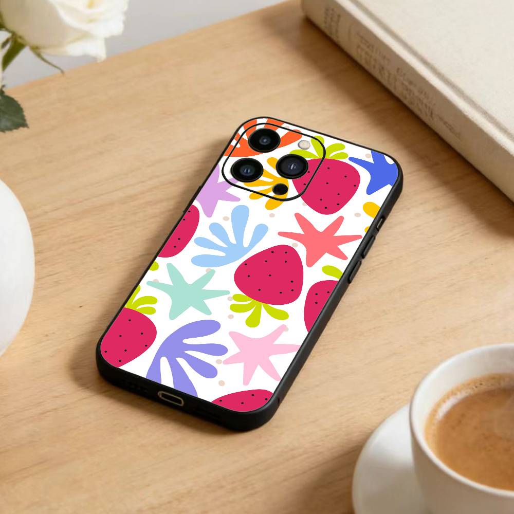 Y2K Cute Strawberry Stars Phone Case For iPhone17,16,15,14,13,12 Plus,Max Soft Silicone Black Cover