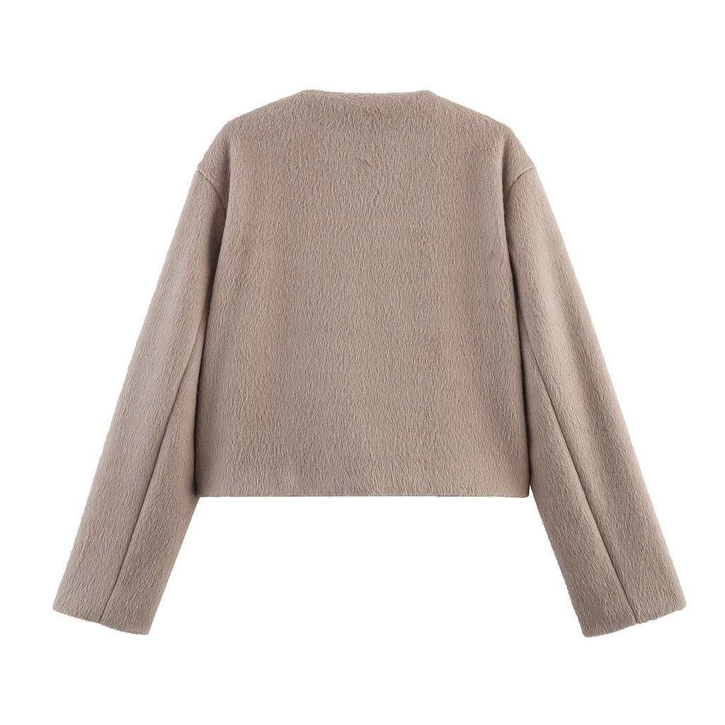 Foreign trade wholesale women's clothing autumn new fashion simple casual versatile button decoration blended round neck short jacket