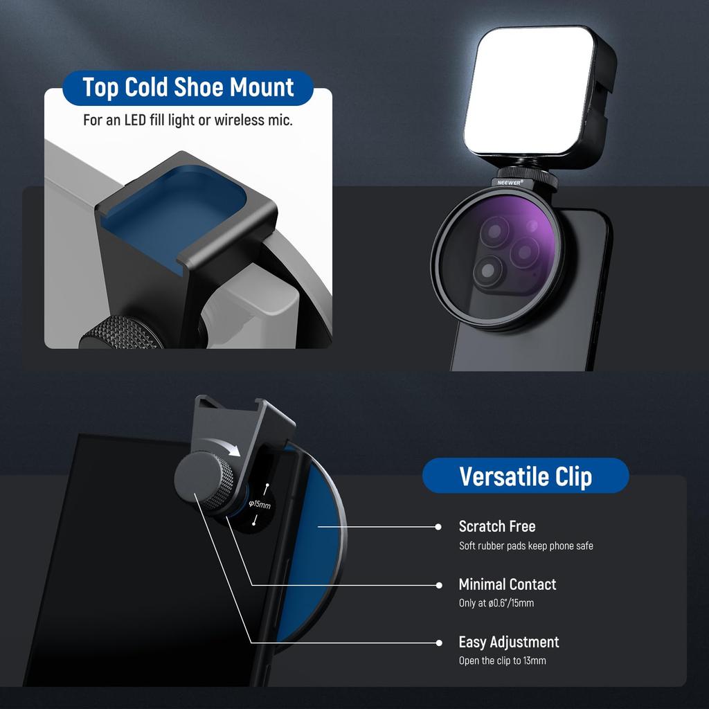 NEEWER 67mm CPL Filter with Cold Shoe Smartphone Lens HD Polarizing Circular Includes Pouch and Cleaning Compatible with iPhone Max S25 Clip, Filter,