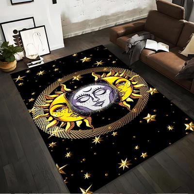 Starry Sun and Moon Face Pattern Carpet In Black and Gold Style Suitable for Use As an Anti-slip for Living Room Bedroom Sofas