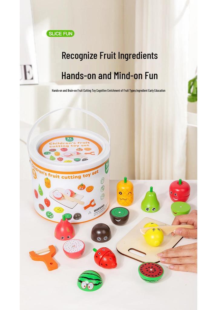 Kids' Wooden Fruit Cutting Toy Set - Educational Role-Play Kitchen Bucket