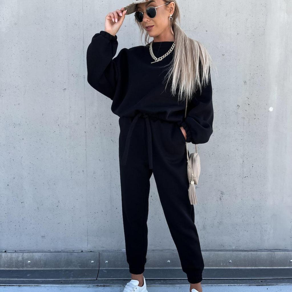 Women Solid Color Long Sleeve O Neck Hoodies Suit Autumn Winter Loose Top Wide Leg Pants