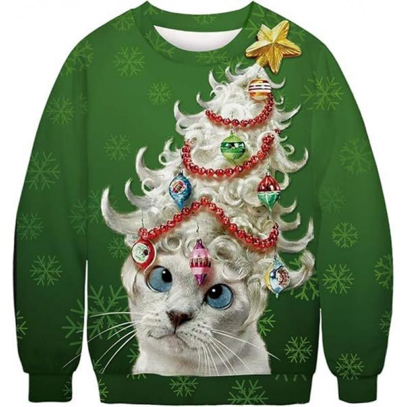 New Green Hair Monster Santa Claus 3D Digital Print Christmas Peripheral Round Neck Long Sleeved Women's Pullovers